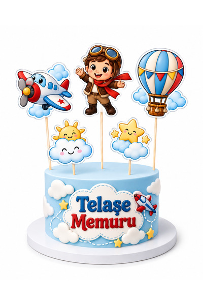 telaşe memuru Gökyüzü Uçak Balon Temalı Pasta Süsü ve Doğum Günü Konsepti Par...