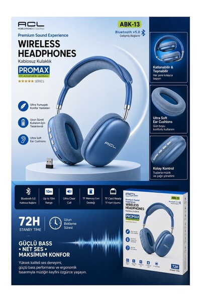 VEROXA Acl Abk-13 Promax Bluetooth 6.0 Kablosuz Kulak Üstü Kulaklık 72H Stand...