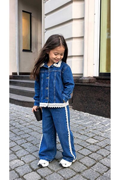Butik Girl's Lace Detailed Denim Double Set (Jacket & Pants)