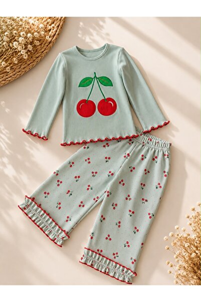 PonçiKids Kız Çocuk Kiraz Desenli Ribana 2’li Bluz Pantolon Takım – Fırfır De...