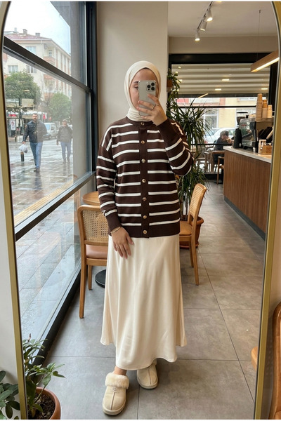 Kirazca Butik Women's Mila Striped Mercerized Cardigan with Gold Button Detail