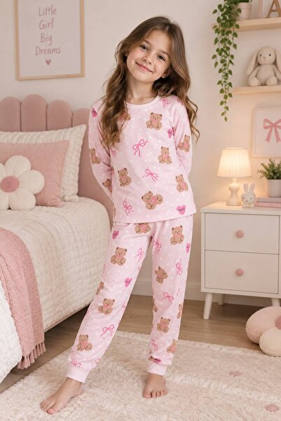 Kız Çocuk %100 Pamuklu Sevimli Ayıcık Desenli Uzun Kollu Mevsimlik Pijama Takımı