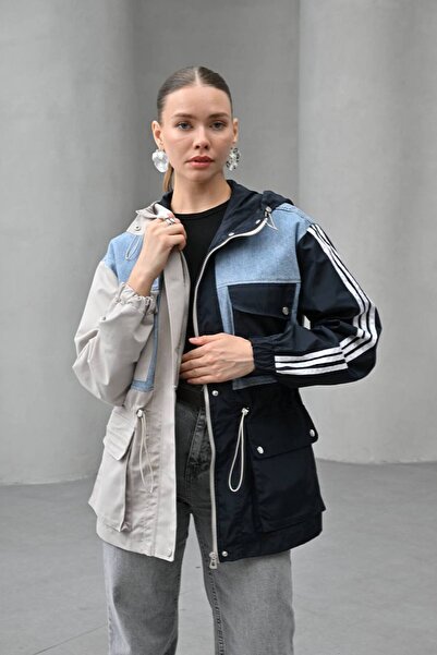 İLKCET MODA Mixed Color Block Long Women's Raincoat