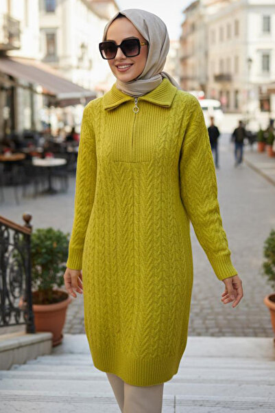 N.S NEVA STYLE Säuregelber Hijab-Strickpullover mit Reißverschlussdetail 8336ASR