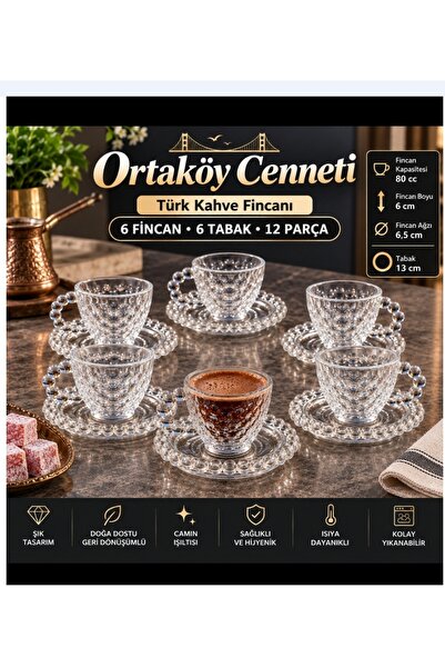 ORTAKÖYCENNETİ Türk kahve FINCANI boncuklu cam 6 kişilik 12 parça fincan 80 c...