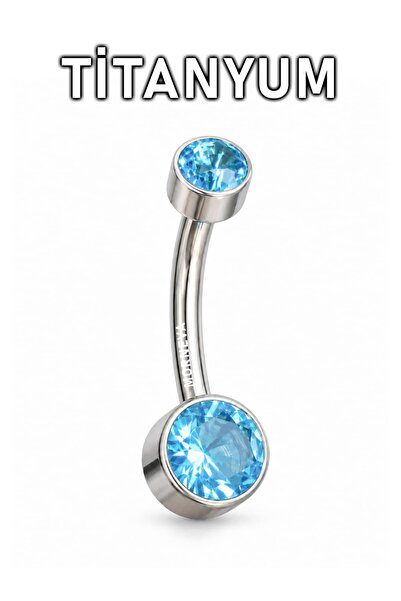 MORNEVA Titanyum Minimal Mavi Kristal Taşlı Göbek Belly Piercingi (1 Adet)
