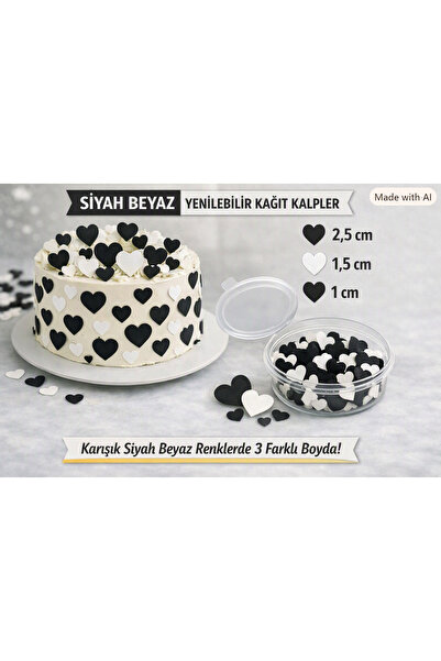 hediyehobihersey Taraftar Siyah Beyaz Kalp Pasta Süsü, Pasta Süsü Kalp, Yenilebilir Kalpler
