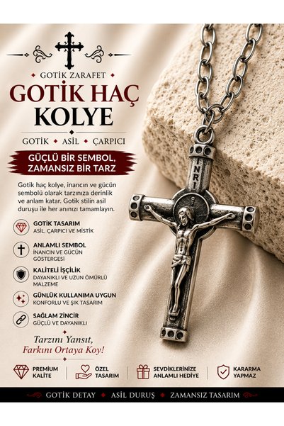 FG KONNİCHİWA Gotik Haç Kolye – Siyah, Antik Gümüş ve Kırmızı Taş Detaylı Far...