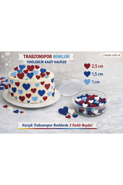 hediyehobihersey Taraftar Bordo Mavi Kalp Pasta Süsü, Pasta Süsü Kalp, Yenilebilir Kalpler