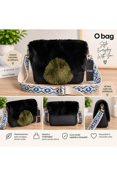 O Bag Black Bag with fur, decorative pompom and removable textile Belt