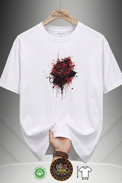 Unisex Oversize Kırmızı Gül Leke Detaylı Baskılı Beyaz T-shirt %100 Pamuk Bisiklet Yaka Tişört