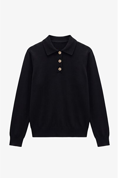 Havoş Siyah Button Polo Yaka Kazak
