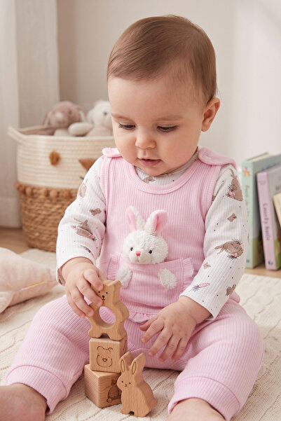 Ceykids Kız Bebek Tulum Seti İç Bodyli Ayıcık Cepli 3/6/9 Ay %100 Pamuklu