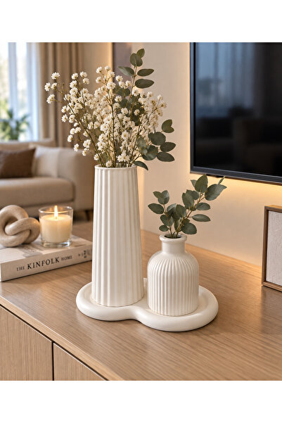 noya atelıer Noya Home 3’lü Vazo Seti – Tepsili Modern Dekoratif Obje Seti
