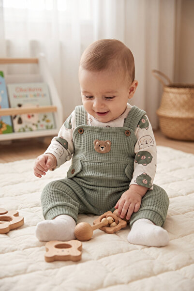 Ceykids Erkek Bebek Tulum Seti Ayıcık Desenli İç Bodyli Çorap Hediyeli 3/6/9 Ay