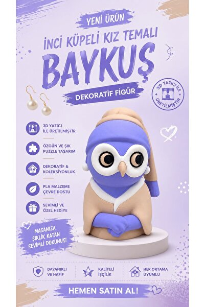 🦉 İnci Küpeli Kız Temalı Baykuş | 3D Baskı | 10 CM