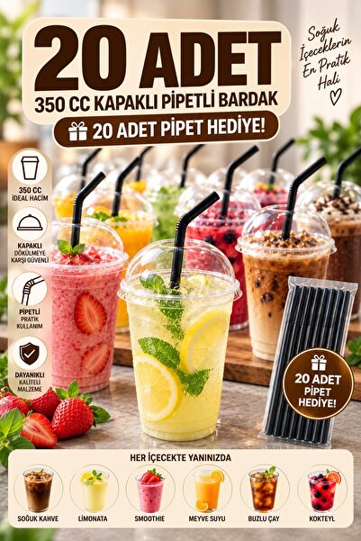 Kitchen Beauty 20 Adet 350 cc Kapaklı Pipetli Sert Plastik Bardak Pet Bardak ...