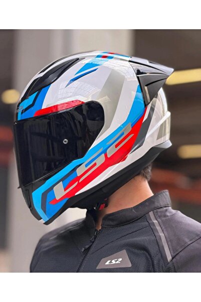 LS2 Rapıd 2 Race Hyper Beyaz Mavi Kırmızı Kapalı Motosiklet Kaskı Siyah Camlı
