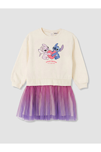 LC Waikiki Ekru Stitch Ve Angel Baskılı Kız Çocuk Tütü Elbise