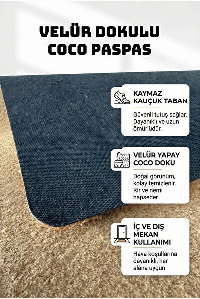 Valerine Life Kapı Önü Paspası 45x70cm Velür Doku Coco Görünüm Kaymaz iç Dış Mekan Sörf Keyfi
