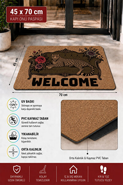 Valerine Life Kapı Önü Paspası 45x70cm Velür Doku Coco Görünüm Kaymaz iç Dış Mekan Leoparın Salonu