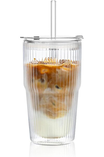 KASTWAVE 550ML Ribbed Double-Wall Stackable Glass Cups with Lids and Straws, ...
