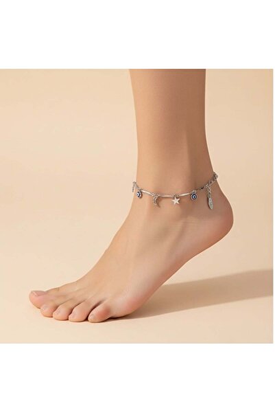 Cesicey Steel Anklet with Evil Eye Beads and Star and Moon Detail in Silver C...