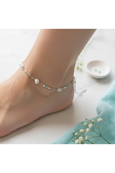 Cesicey Pearl Steel Anklet Turquoise Yellow Bead Detailed Silver Color