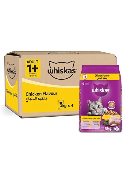 Whiskas طعام جاف للقطط بالدجاج، عبوة من 3 × 4 كجم، للقطط البالغة فوق سن السنة...