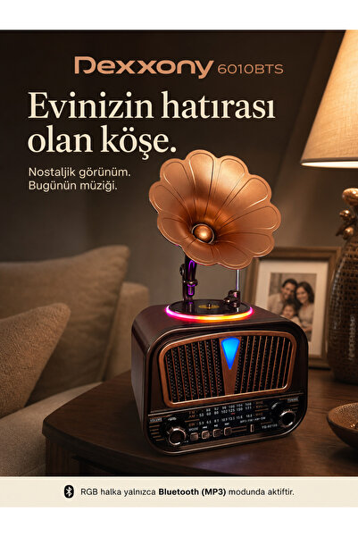 Dexxony 6010 Güneş Panelli Bluetooth Nostaljik Gramofon Radyo AM/FM/SW