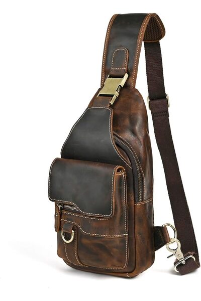 GENERAL Genuine Leather Hiking Travel DayPack Sling Crossbody Triangle Chest ...