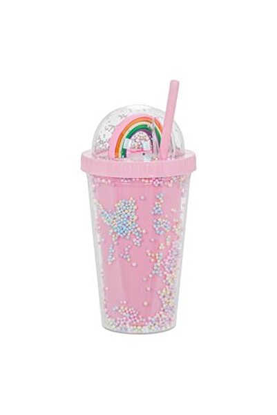 CBD CORAL BEST DEALS Pahar din Plastic cu Capac cu Pai Roz Confetti Rainbow 4...