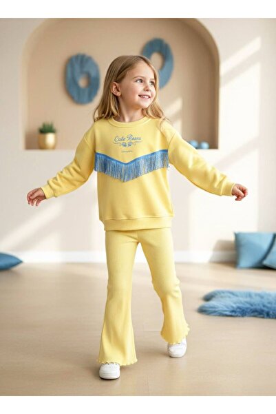Butik Girl's Blue Tassel and Embroidery Detailed 3-Yarn Non-Padded/Warm Yello...