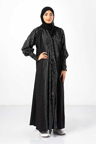 FASHION عباءة كلاسيكية مخططة من الكتان مع ياقة طويلة