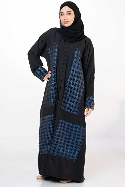 FASHION عباءة كلاسيكية سوداء وزرقاء من الكريب مع أكمام قابلة للطي