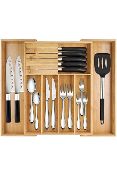 HOOKOR Bamboo Expandable Cutlery Organizer Tray, Adjustable Kitchen Drawer Or...