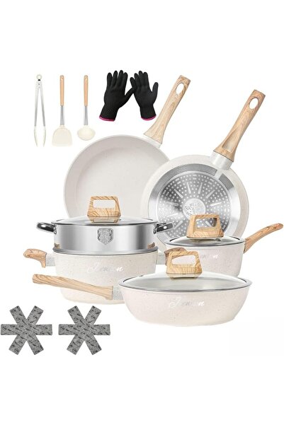 GENERAL Granite Cookware Set, 14-piece Tri-Ply Aluminium Stackable Non-Stick ...