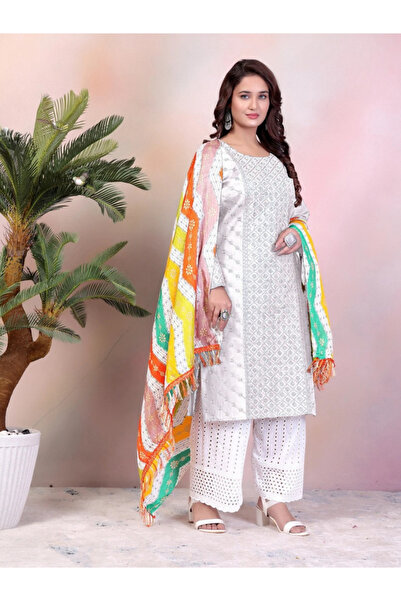 MYSMAR White Slub Cotton Chikankari Kurti Palazzo Set - NJF8483 | White-Size:...