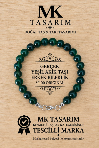 MK tasarım سوار رجالي من حجر العقيق الأخضر الأصلي MK.8000.013 - سوار مريح - م...