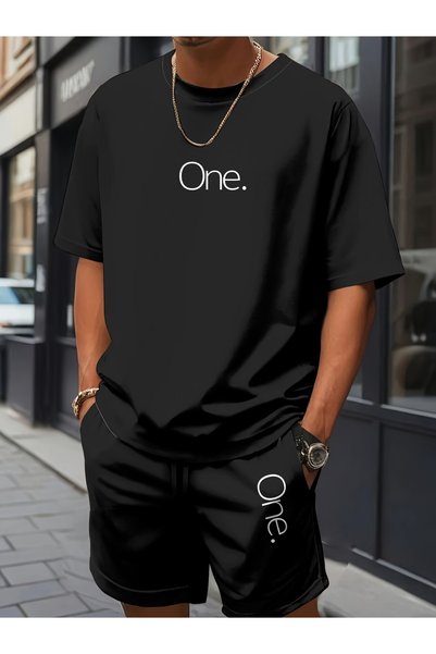 ship master Men's 100% Cotton One Text Printed T-Shirt Shorts Set Oversize Relaxed Fit Streetwear