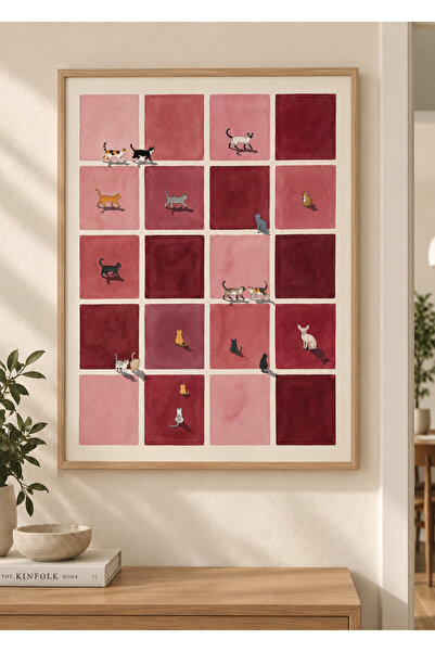KALİA HOME Kedi Desenleri | Minimalist Tablo | Ahşap Çerçeveli Duvar Tablosu