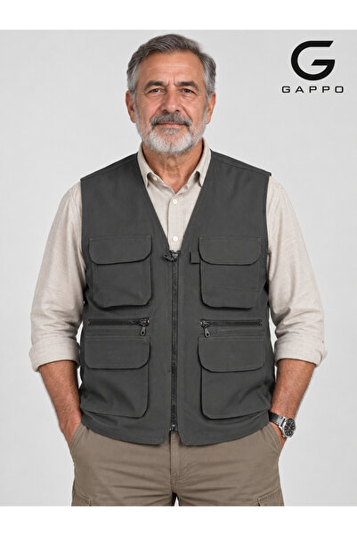 GAPPO Klasik Kesim Çok Cepli Pamuklu Avcı Yeleği Füme renk