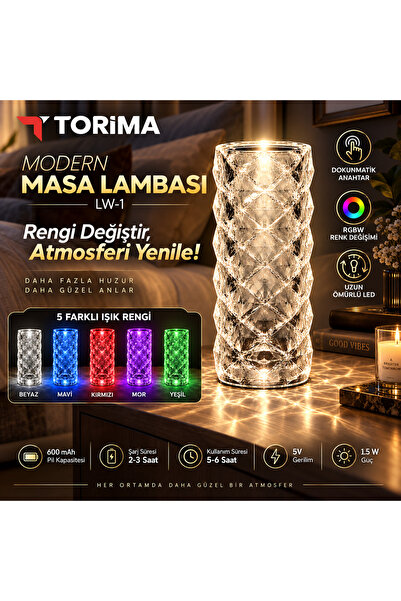 Torima Renk Değiştiren Kristal Sütun Lamba Dokunmatik Şarjlı Masa ve Gece Lam...