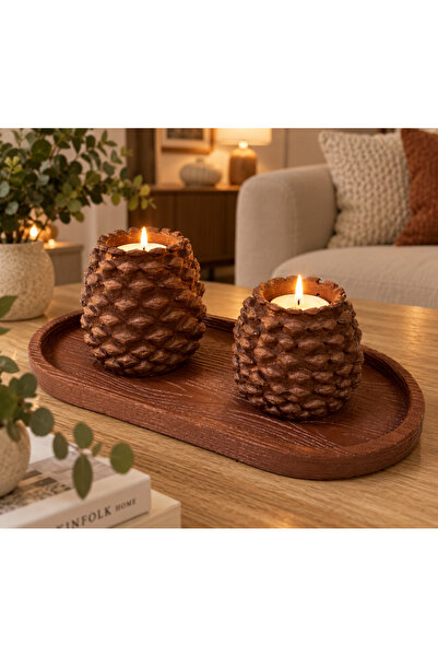 BUBUHOMEDECOR Sonbahar Temalı Rustik Çam Kozalağı 2’li Mumluk Seti Dekoratif ...