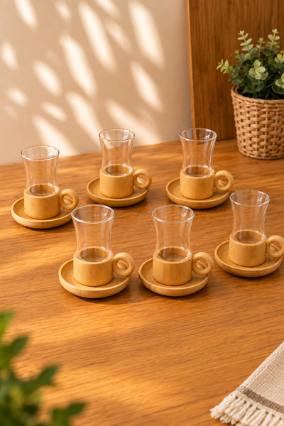 12 Parça Çay Seti - Bambu Bardak Altığı - Çift Cidarlı Cam - 150 Ml