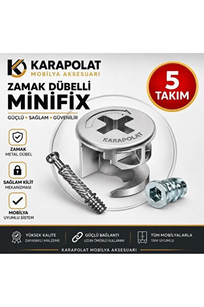 KARAPOLAT Zamak Metal Dübelli Minifix Seti 5 Takım – Mobilya Dolap Bağlantı E...