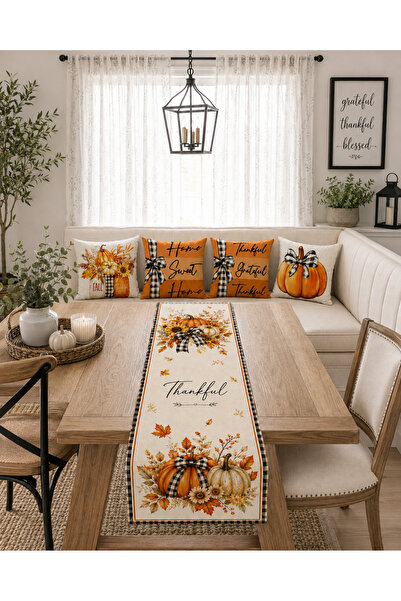 HOMESSA Thankful Balkabağı Çiçek ve Ekose 4’lü Kırlent Kılıfı Runner Seti