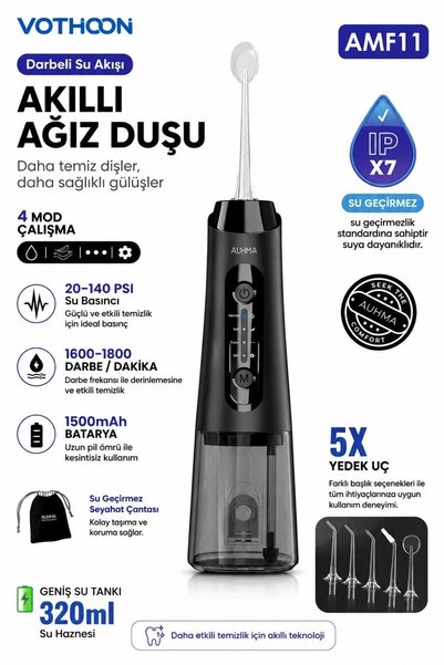 Epilons Şarjlı Ağız Duşu Diş Bakım Cihazı 4 Modlu Diş Arası Temizleyici 320ml 5 Başlıklı 1500 Mah Kablosuz