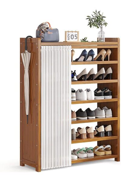 AOHRYME 7-Tier Shoes Rack Organizer Natural Bamboo - Freestanding Shoe Rack C...