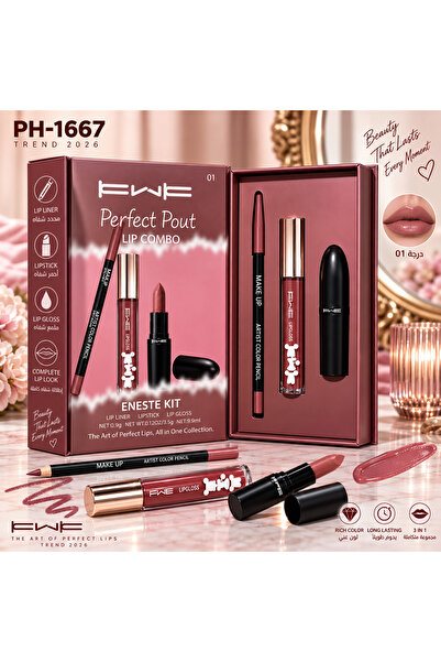 KWK Grade 01 Lipstick Combo Set Featuring Lip Liner, Lipstick, and Lip Gloss,...